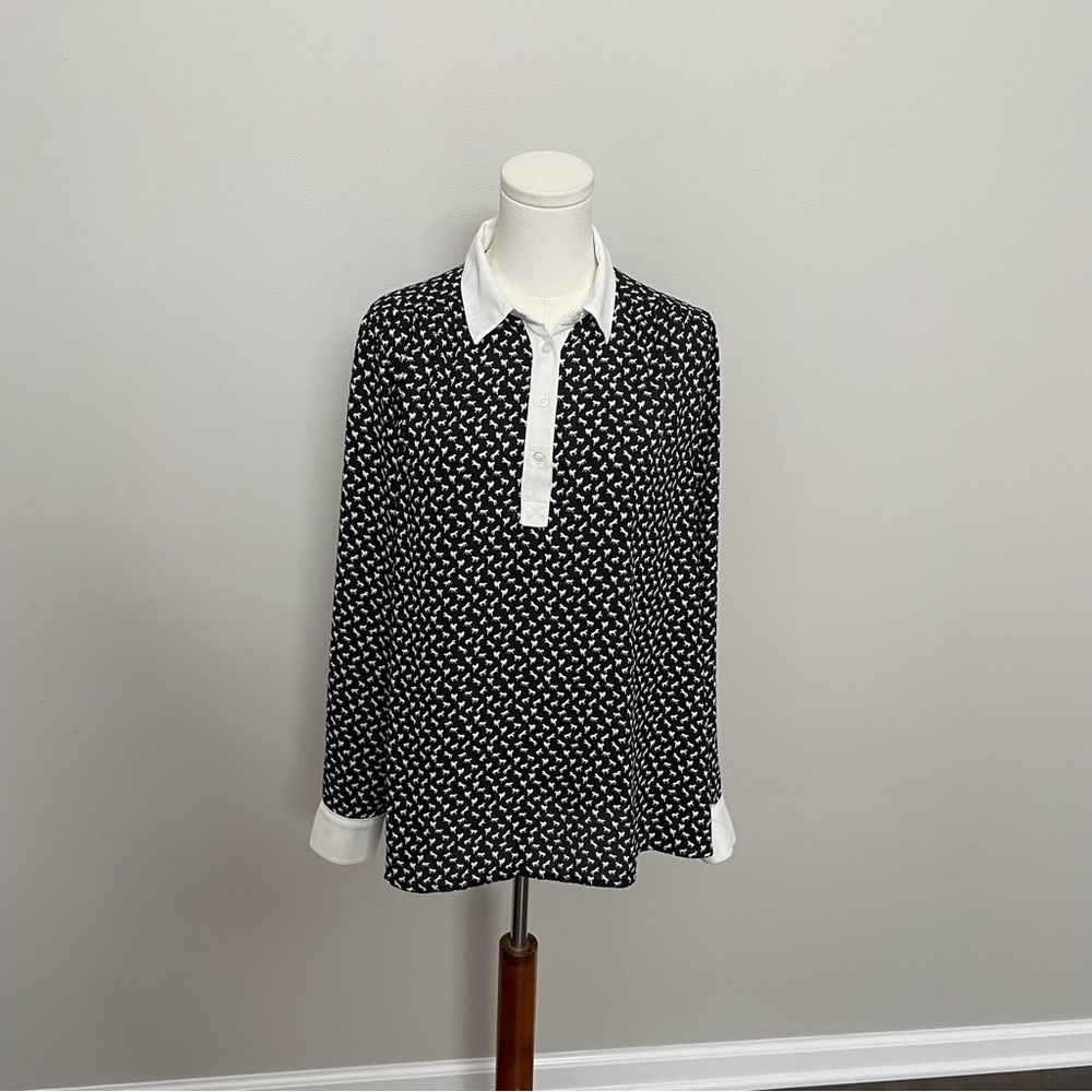 Free People Top Popover Collared Horse Novelty Print Equestrian Black White